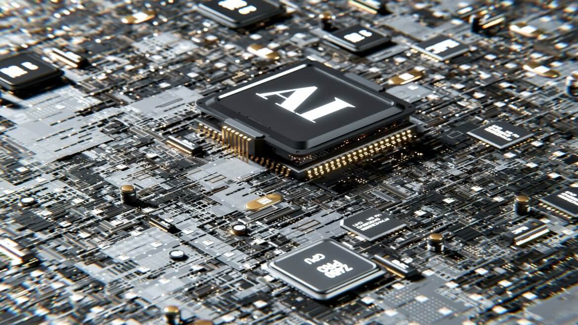 Auf dem Bild sieht man ein Motherboard. In der Mitte sieht man ein Chip auf dem AI steht. Die Abkürzung für Artificial Intelligence. Zu Deutsch KI (Künstliche Intelligenz)